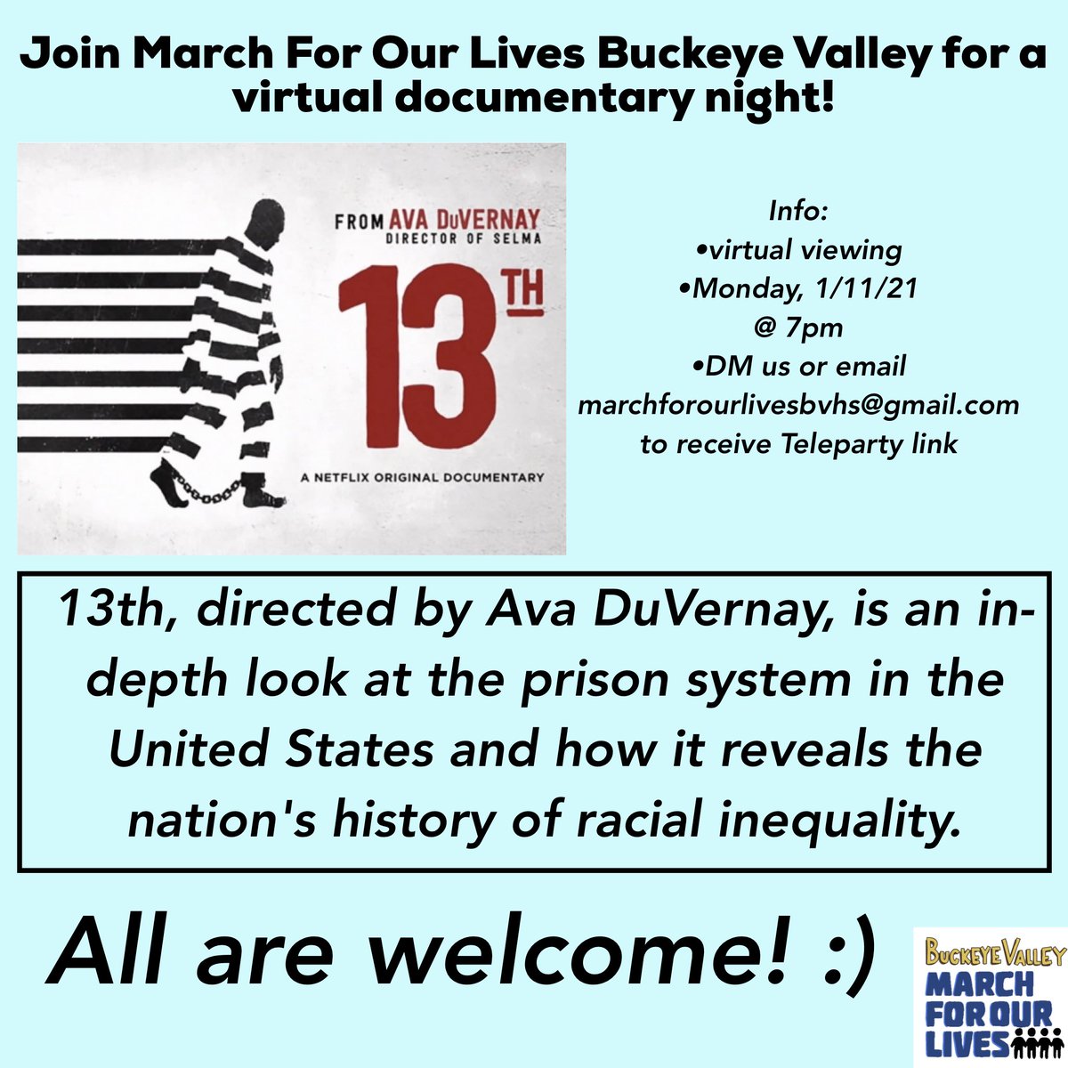 MFOLBVHS's tweet photo. Join us for a virtual documentary night this Monday! We’ll be watching &amp; discussing 13th, which is examines the history of racial inequality in the U.S. and it’s prison system. https://t.co/qpL9nQ05o8