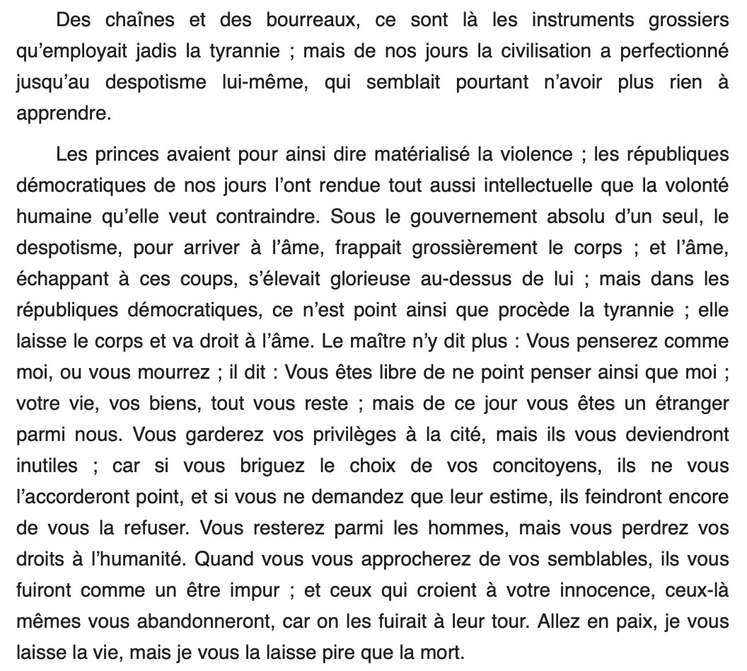 Cette définition de la liberté d'expression est ridicule et aucun des grands auteurs libéraux, comme Tocqueville dont je cite un passage ci-dessous, n'en avait une conception aussi étroite. Il est regrettable que des gens qui se disent libéraux ne connaissent pas leur tradition.  https://twitter.com/FerghaneA/status/1347871046020575232