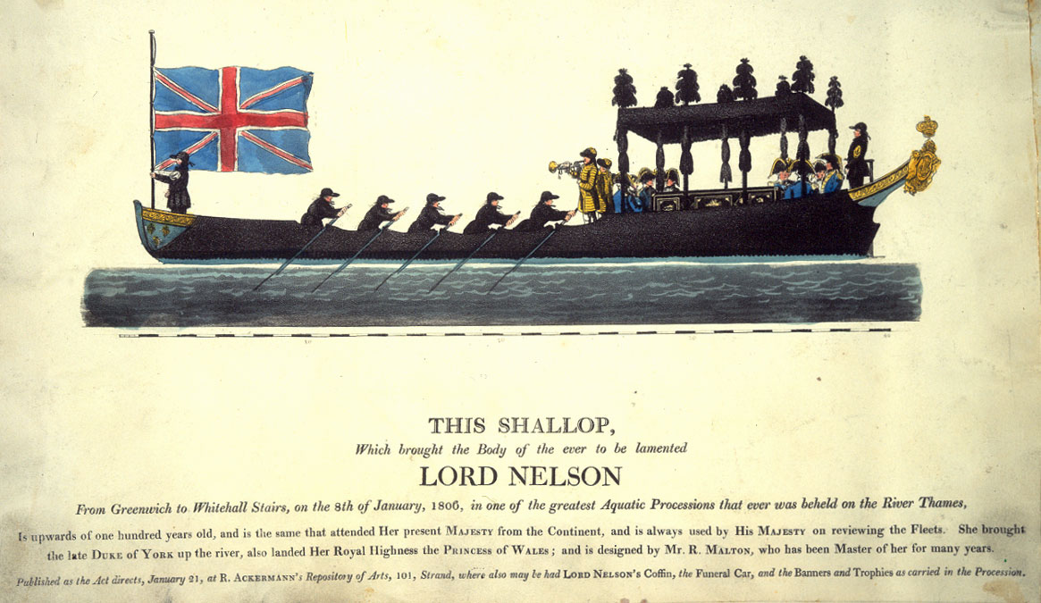 The crowds gathered at Greenwich from January 4th to see Nelson laying in state and it’s estimated that over 20,000 people came to pay their respects.On Jan 8th, a crowd gathered to see the body embarked to be taken upriver to Whitehall as part of a procession of barges.