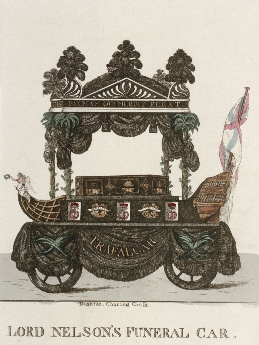 Nelson’s body was drawn in a carriage, shaped fore and aft like the Victory, drawn by horses, and it took 3.5 hours for the 2 mile long procession to reach St Paul’s Cathedral.