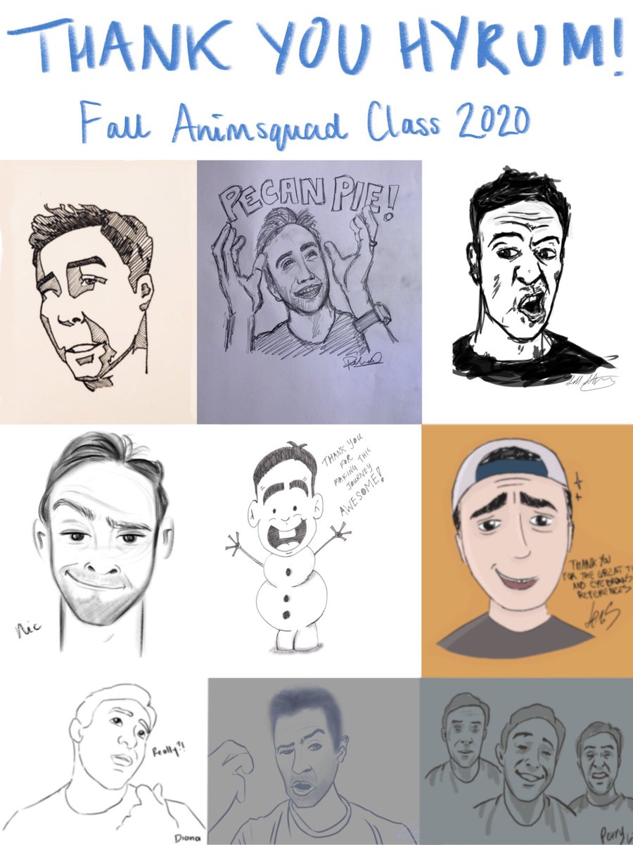 mrhyrum's tweet photo. I hung up my teaching cap today. My very last class surprised me with these brilliant portraits.Haha! Thank you to all the amazing animators I have had the pleasure of mentoring over the years. It has truly been an honor #animsquad #teaching #animation #amazingstudents #blessed https://t.co/z81aeYCDLu