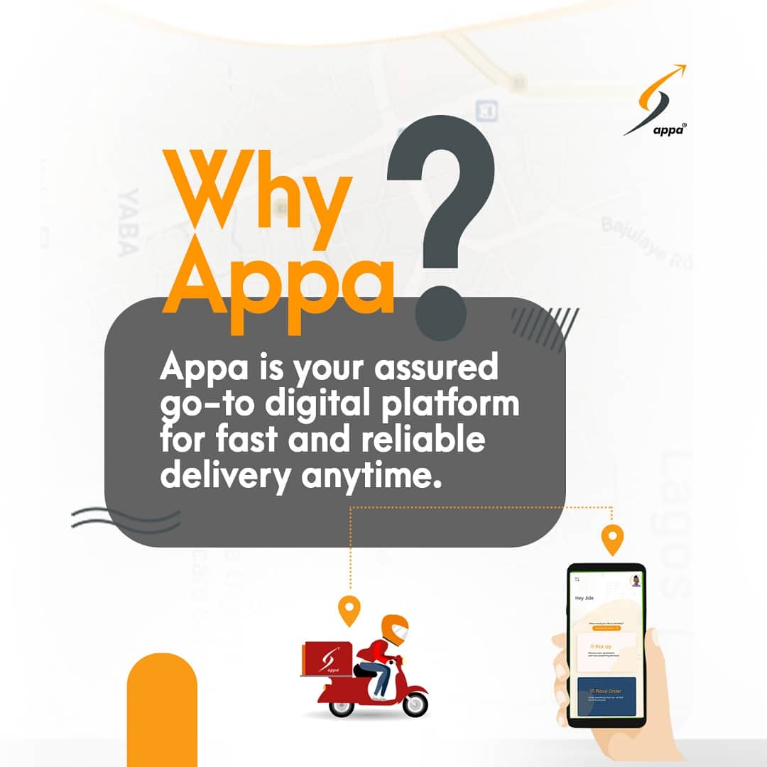 MyappaNg's tweet photo. Why use Appa?
Appa is built to guarantee you the fastest way to make your deliveries with 100% assurance and reliability. You can be assured that you're making the right choice with Appa!
Tell a friend!
#Appa #FastLikeAppa #AppaIsHere #ARSNEW https://t.co/VKcNLuPrv5