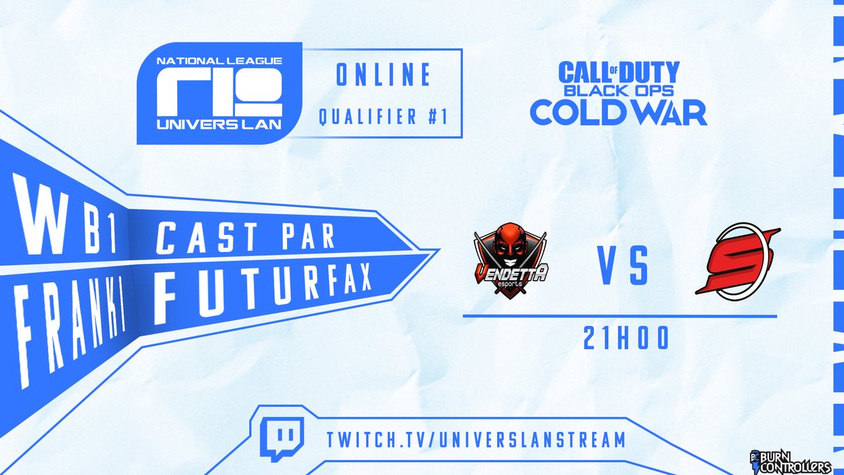 universlan's tweet photo. UL NATIONAL LEAGUE QUALIFIER #1⚪️🔵

💡Premier match du WinnerBracket de ce Qualifier #1

🟠@Mz_Vendetta VS @teamsynaGG 🔴

🕘21h00
🎙️@UL_Franki &amp; @FuturFax 
🖥️ https://t.co/abuCsmyL3F
📊Lien bracket : https://t.co/kon0Xuls2U https://t.co/baM94xC67T