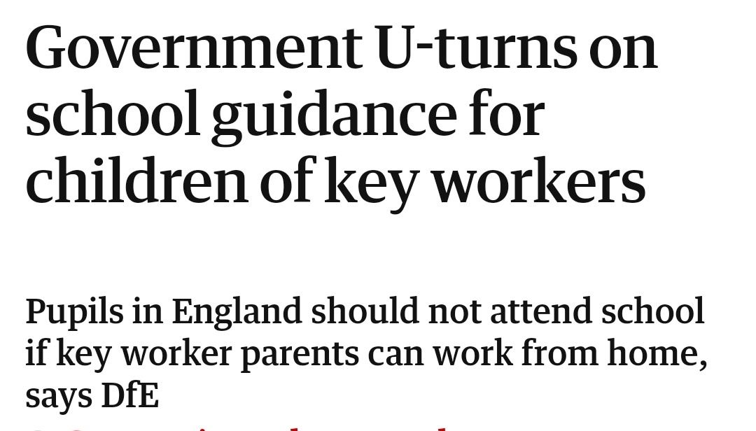 EnserMark's tweet photo. I'm assuming the press just leave "Government U-turns on school guidance" set in type? https://t.co/OTmfODl13x
