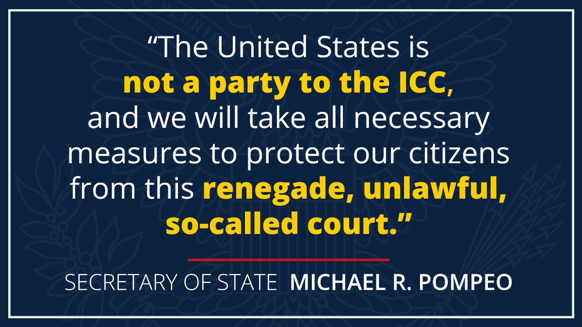 SecPompeo's tweet photo. The Obama Administration put cooperation with the ICC above American interests. We ended that. If the Trump Administration hadn't stood up to @IntlCrimCourt &amp; protected U.S. sovereignty, no one would have. #LeadingFromTheFront https://t.co/6yws90jXWc