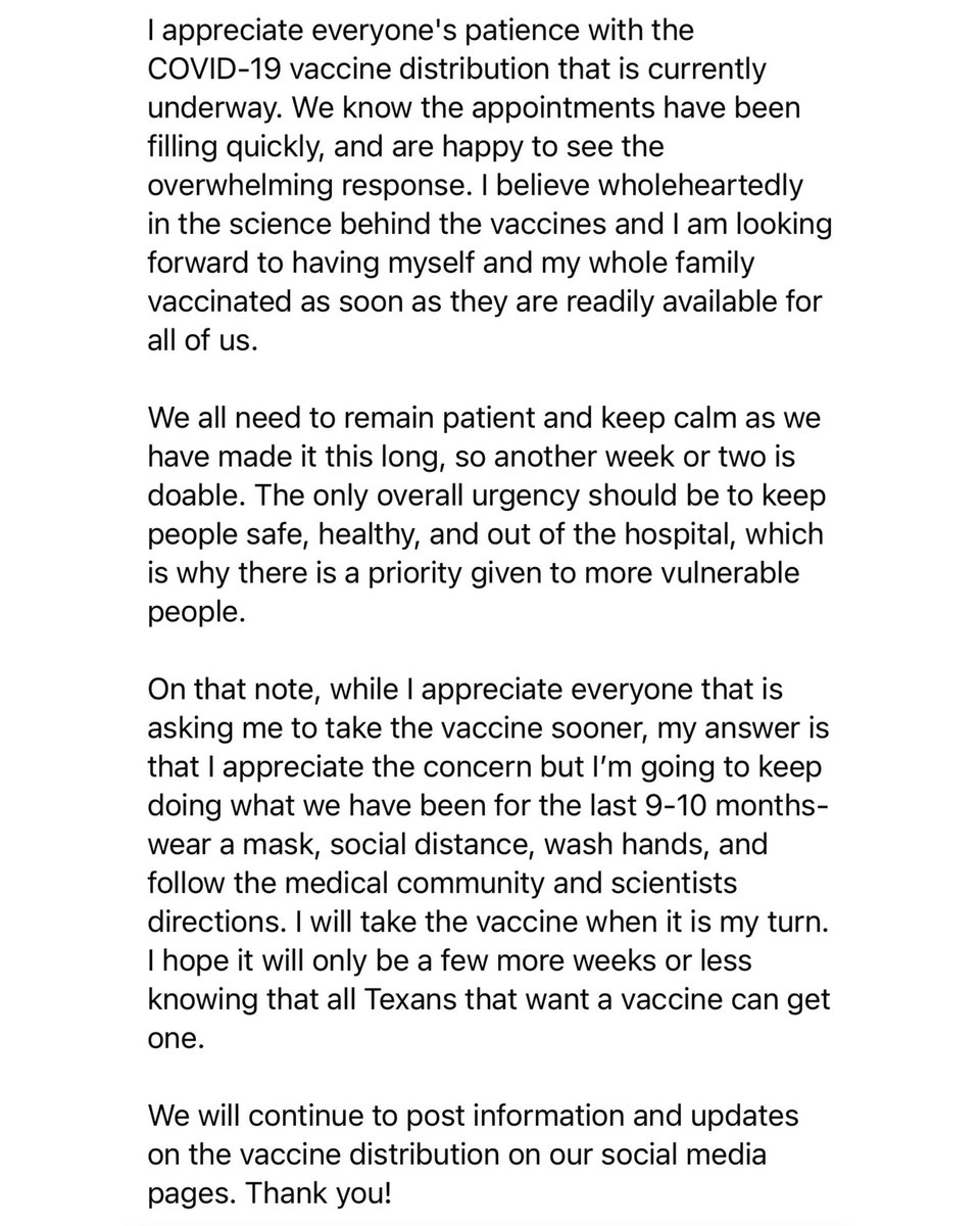 I appreciate everyone's patience with the #COVID19 vaccine distribution that is currently underway. We know the appointments have been filling quickly, &amp; are happy to see the overwhelming response. I believe wholeheartedly in the science behind the vaccines and (Thread)
#txlege