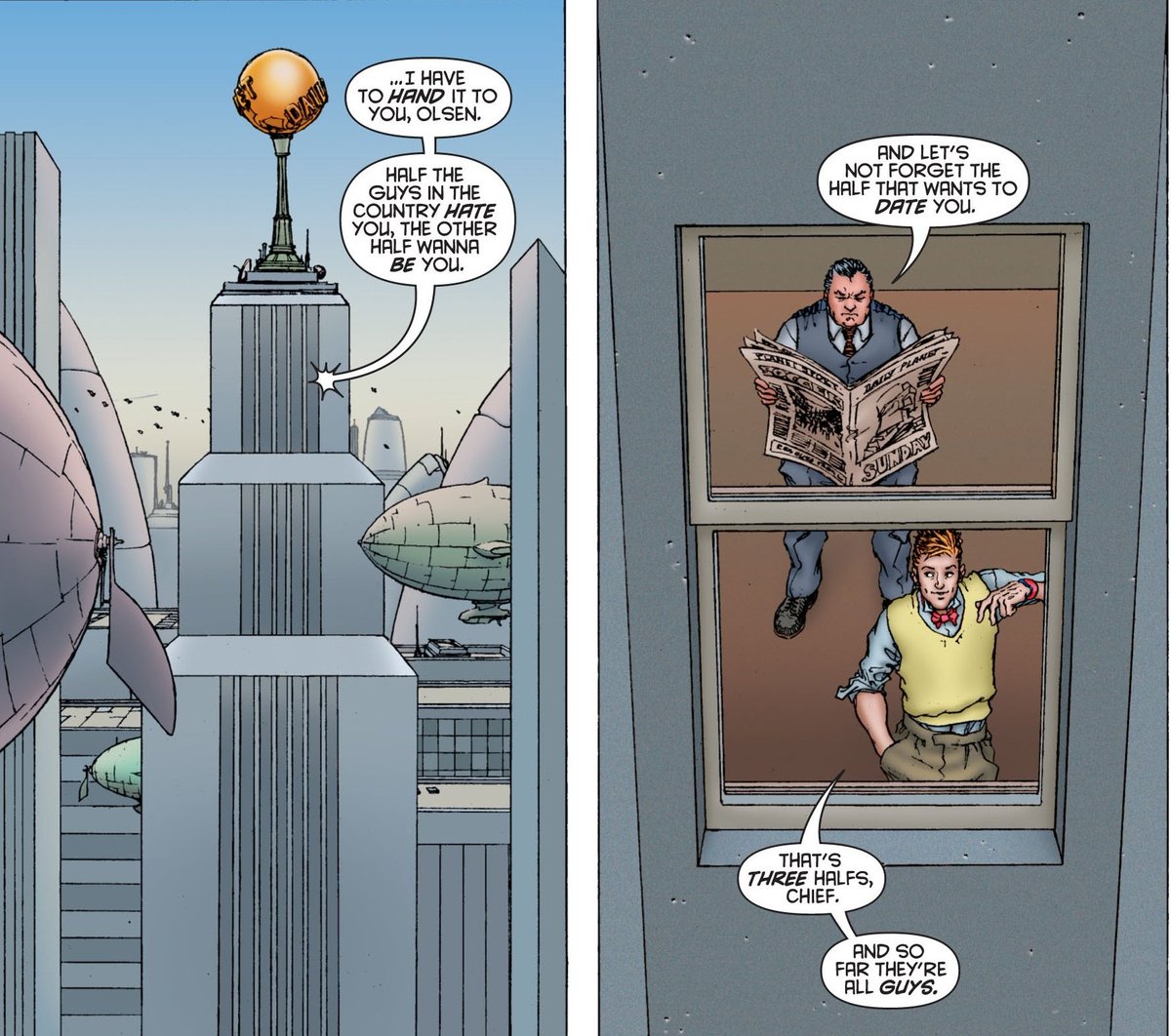 I really like that Morrison's Jimmy is the coolest guy around. No windbag dork. He goes on crazy adventures. Is Superman's best friend. And he gets to make money by writing about what to him is his day to day life.
