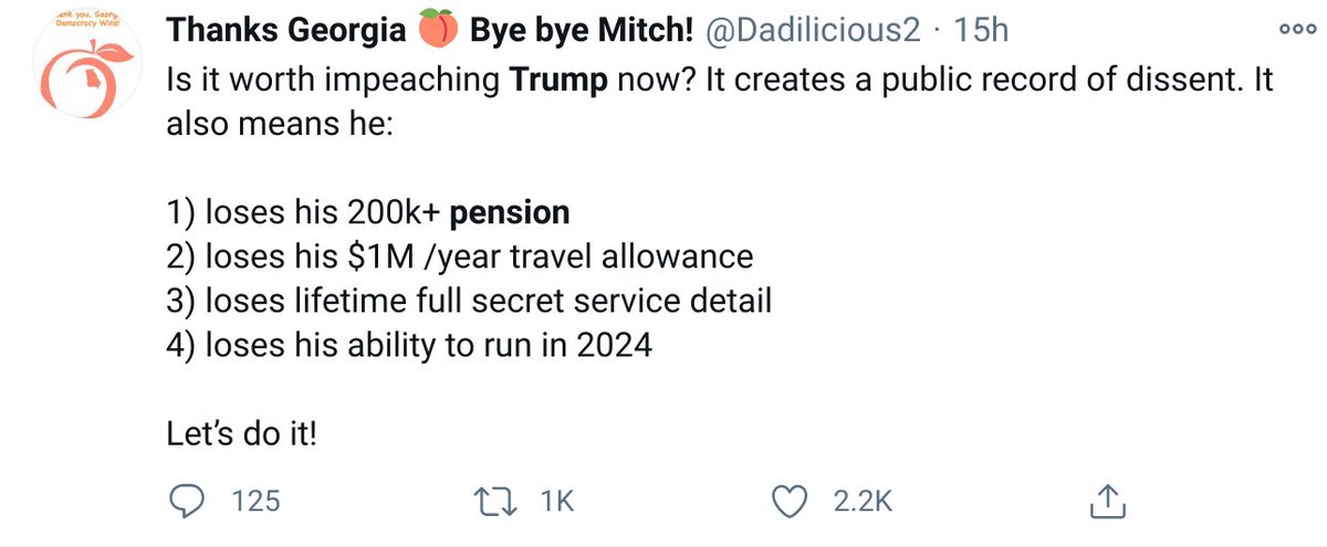 All Articles of Impeachment have this language (something I didn't focus on during the prior impeachment):"[warrants] disqualification to hold and enjoy any office of honor, trust, or profit under the United States."This language is shorthand for result.17