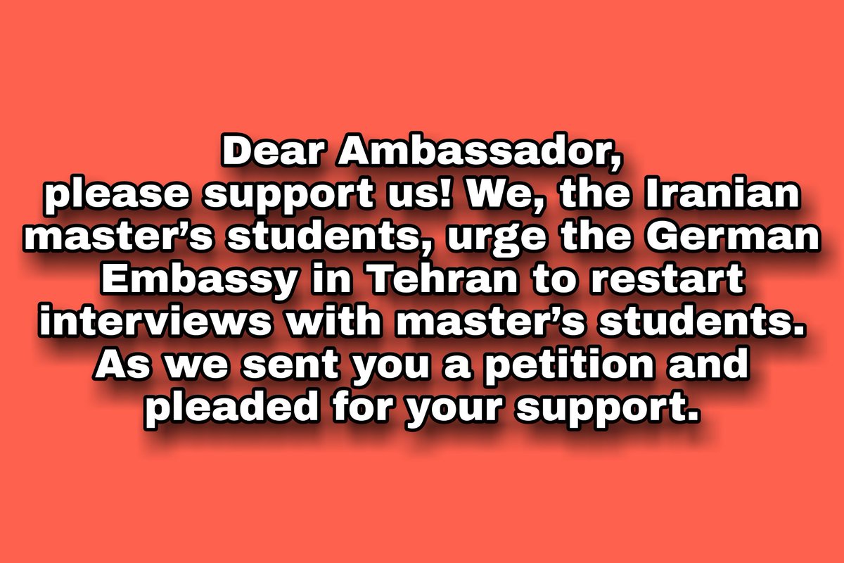 Stratus909's tweet photo. Wir Masterstudenten werden bald unsere Klausuren verlieren nur wegen der Diskriminierung von der deutschen Botschaft in Teheran.
Warum wir keinen Termin erhalten, wohingegen andere Fälle haben ihre Visum schon erhaltet.
#EducationIsNotTourism
#DirectMasterStudy
@Germanyiniran https://t.co/j6FqCvMtrC