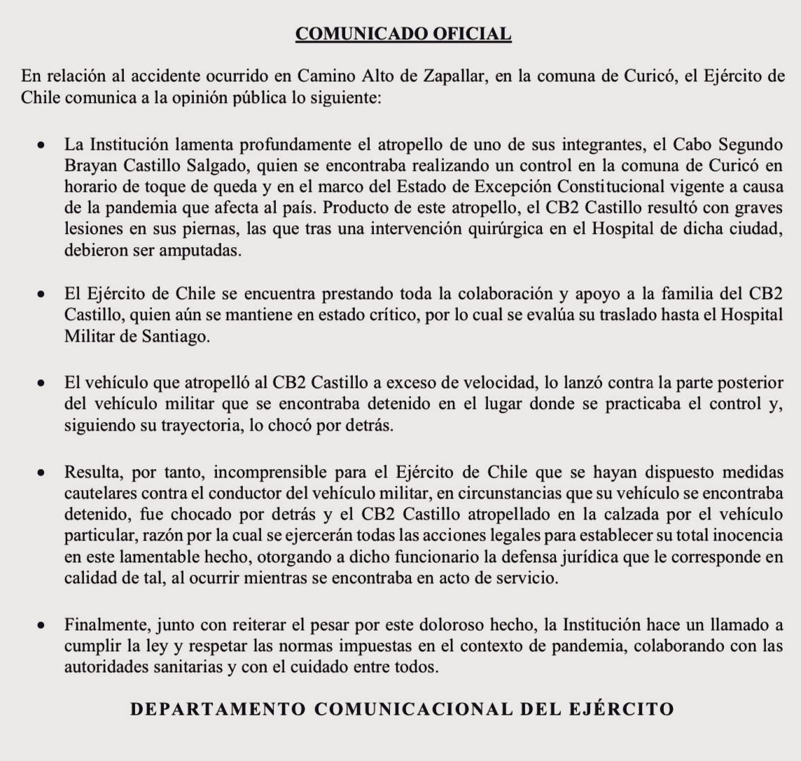 S_Schwartzmann's tweet photo. Ejército de Chile molesto por medida judicial contra militar en servicio por la pandemia, tras accidente que dejó a otro soldado con piernas amputadas https://t.co/FKA2E3VA6U