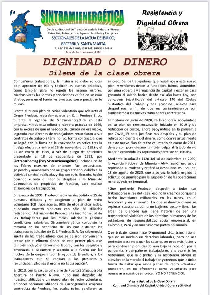 Comunicado a los trabajadores del grupo Prodeco.