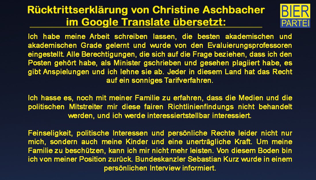 marcopogo666's tweet photo. Habe für euch die Rücktrittserklärung mit Google Translate ins Slowakische und dann ins Deutsche zurück übersetzt, dann klingts gleich viel mehr nach Mag. (FH) Aschbacher, PhD. #aschbacher https://t.co/D41t2p4XVr