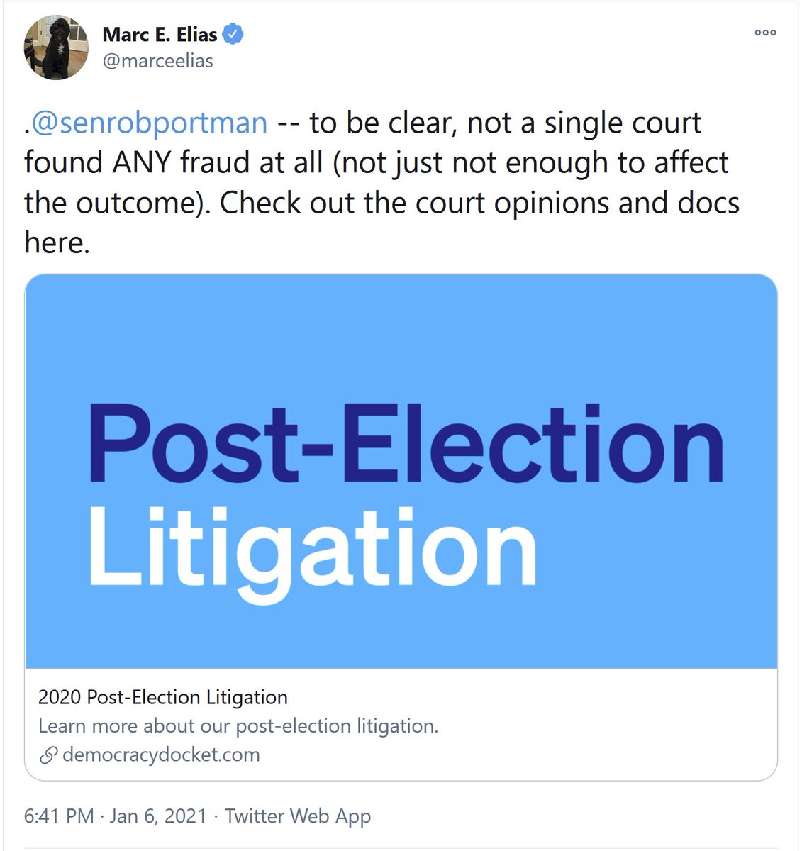 17/ Why do I say Republicans made baseless claims of election fraud? Because  @DemocracyDocket documented Trump & allies lost 62 of 63 courts cases, &  @marceelias says there was not a single case where the court found enough evidence to merit fraud claims. https://twitter.com/kentbye/status/1347449746529472514