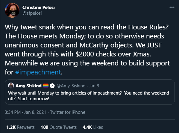 The main source appears to be a series of tweets by none other than Christine Pelosi, Nancy's daughter. So it's coming pretty directly from the Speaker's circle. Why are people close to Pelosi falsely exaggerating the weakness of the legislative body she presides over?