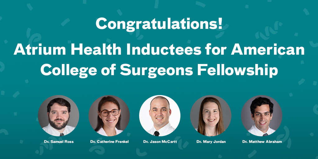 The @AmCollSurgeons inducted five Atrium Health surgeons as Fellows, honoring their high professional and ethical standards. Congratulations, @SammyRossTrauma, Dr. Catherine Frenkel, Dr. Jason McCartt, Dr. Mary Jordan, and Dr. Matthew Abraham!