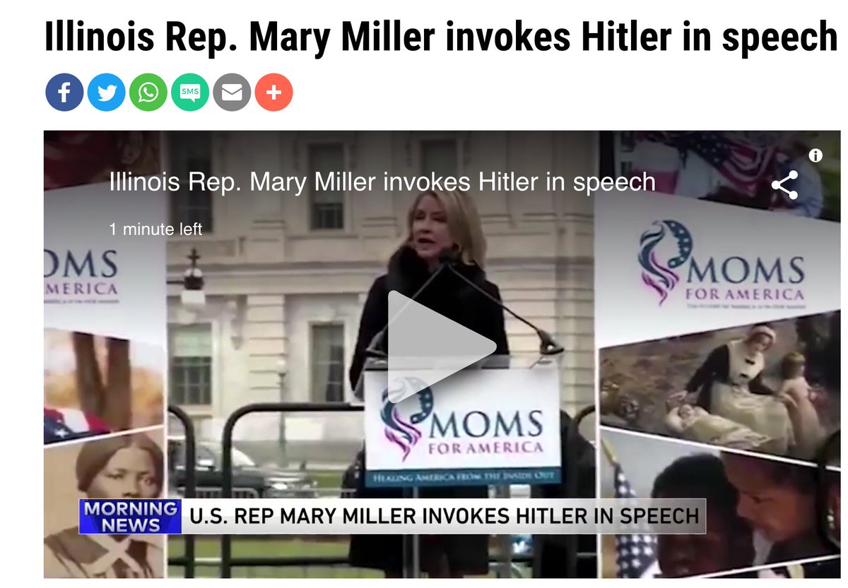 1/n A thread about Mary Miller, a Republican who at a rally of Trump-Supporting Moms, before the attack on the capitol, invoked Hitler positively, saying "Hitler was right on one thing. He said, ‘Whoever has the youth has the future”.  #ThisIsMaryMiller  https://twitter.com/i/status/1346891485791330313