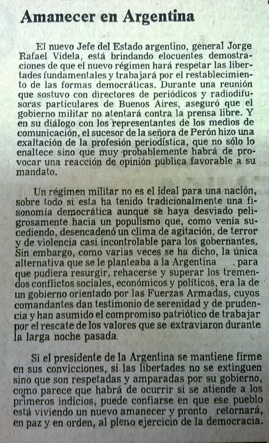 Encontré en Twitter esta editorial del periódico <a href="/elcolombiano/">El Colombiano</a> sobre el golpe de estado de Videla en Argentina. El regocijo del diario es inocultable.

Sirve para entender el problema de la prensa y sus papel en la destrucción democrática.