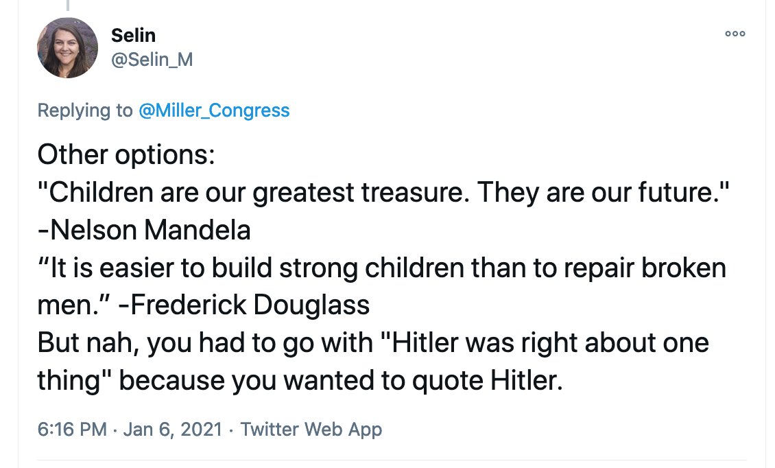 3/n Considering there are hundreds of educators, political thinkers, politicians, that addressed the value of education, youth, politics - would you pick Hitler as an inspiration when speaking to mothers?  @Selin_M &  @rachelparris have better suggestions  #ThisIsMaryMiller