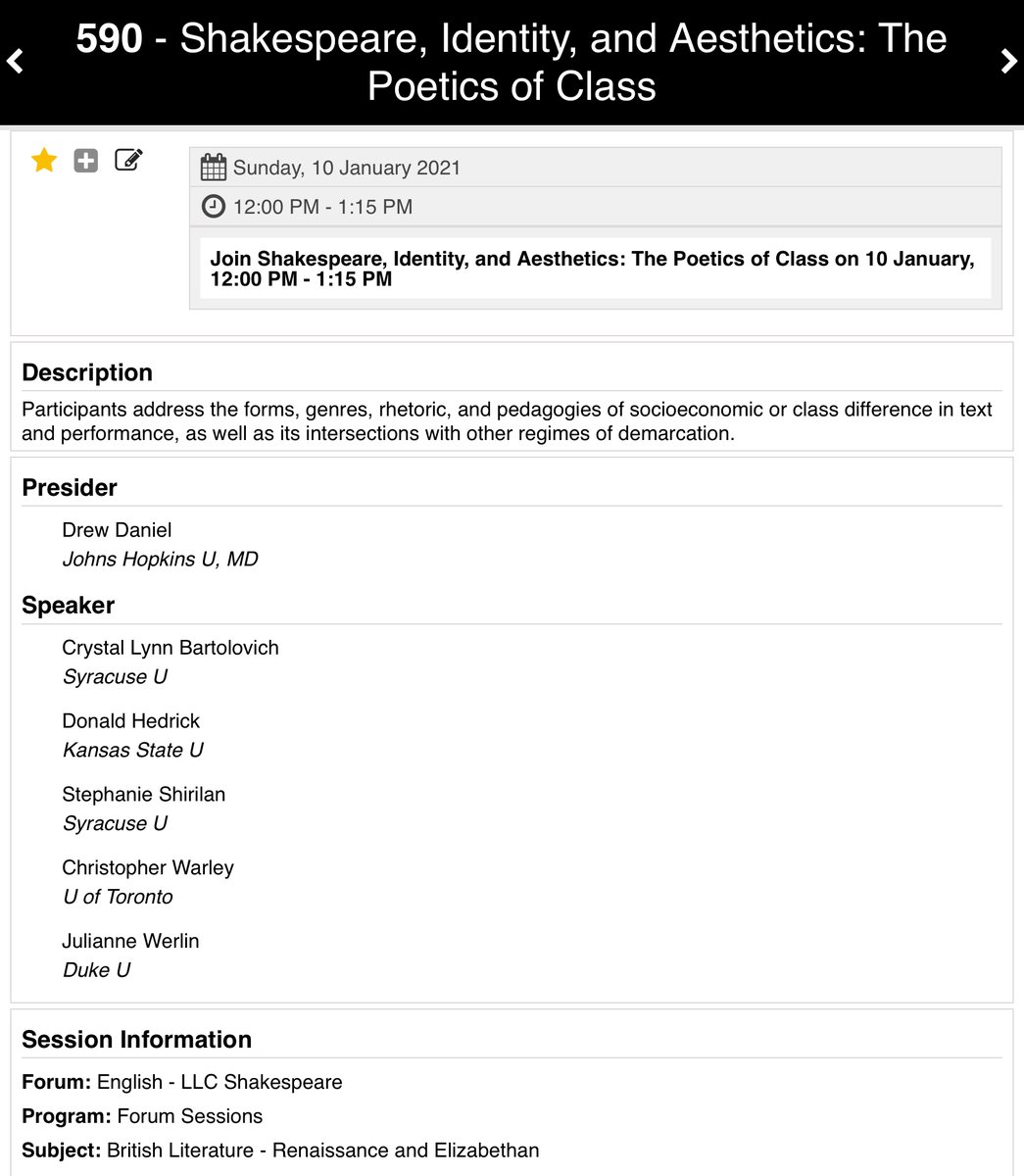 DDDrewDaniel's tweet image. MLA folks! Especially: early modernists! people who want to think about political economy! What can we do with the concept of &quot;class&quot; now within Shakespeare studies? There&apos;s a panel on &quot;The Poetics of Class&quot; which takes place TOMORROW at #MLA21 at noon. Here&apos;s the info: