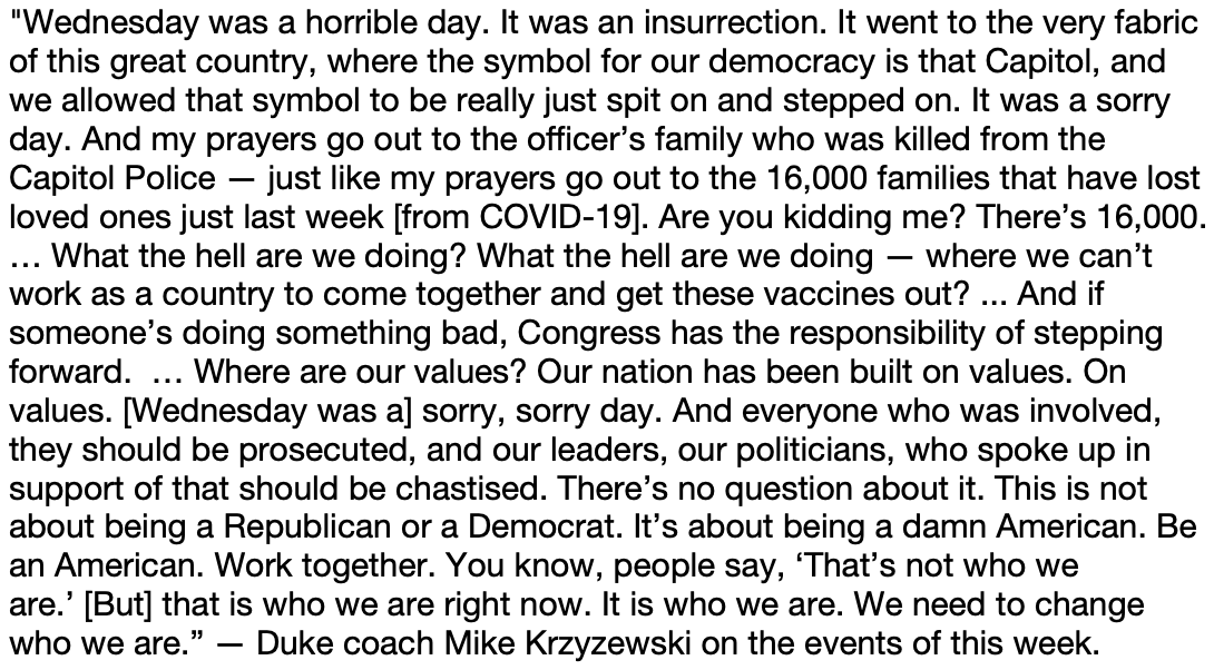 Duke coach Mike Krzyzewski spent a couple of minutes today discussing the events of the week and current state of our nation.