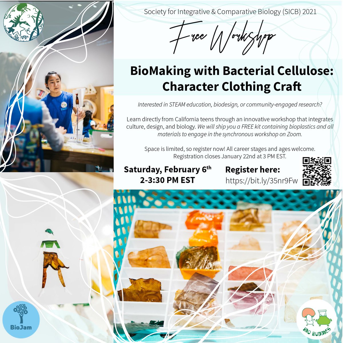 Interested in #STEAM, #biodesign, or #community education? Register NOW for our #SICB2021 workshop and we’ll ship you #bioplastics for a ✨ FREE hands-on  workshop✨ led by Bay Area teens part of <a href="/biojamcamp/">BioJam Camp</a>. Registration closes 1/22: bit.ly/35nr9Fw