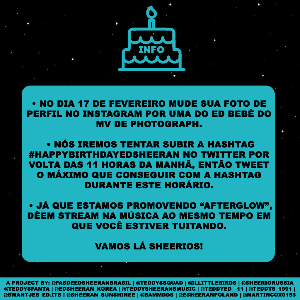 FsdeEdSheeranbr's tweet photo. 🇧🇷 ✨ 𝑨𝑵𝑰𝑽𝑬𝑹𝑺𝑨𝑹𝑰𝑶 𝑫𝑶 𝑬𝑫 𝑺𝑯𝑬𝑬𝑹𝑨𝑵! 17/02✨

Se liguem nesse projeto incrível para o aniversário do nosso ruivo mês que vem! 

– Convidamos vocês para compartilhar e a se juntar ao projeto! 🥰

#edsheeran https://t.co/yz7BYy7uWc