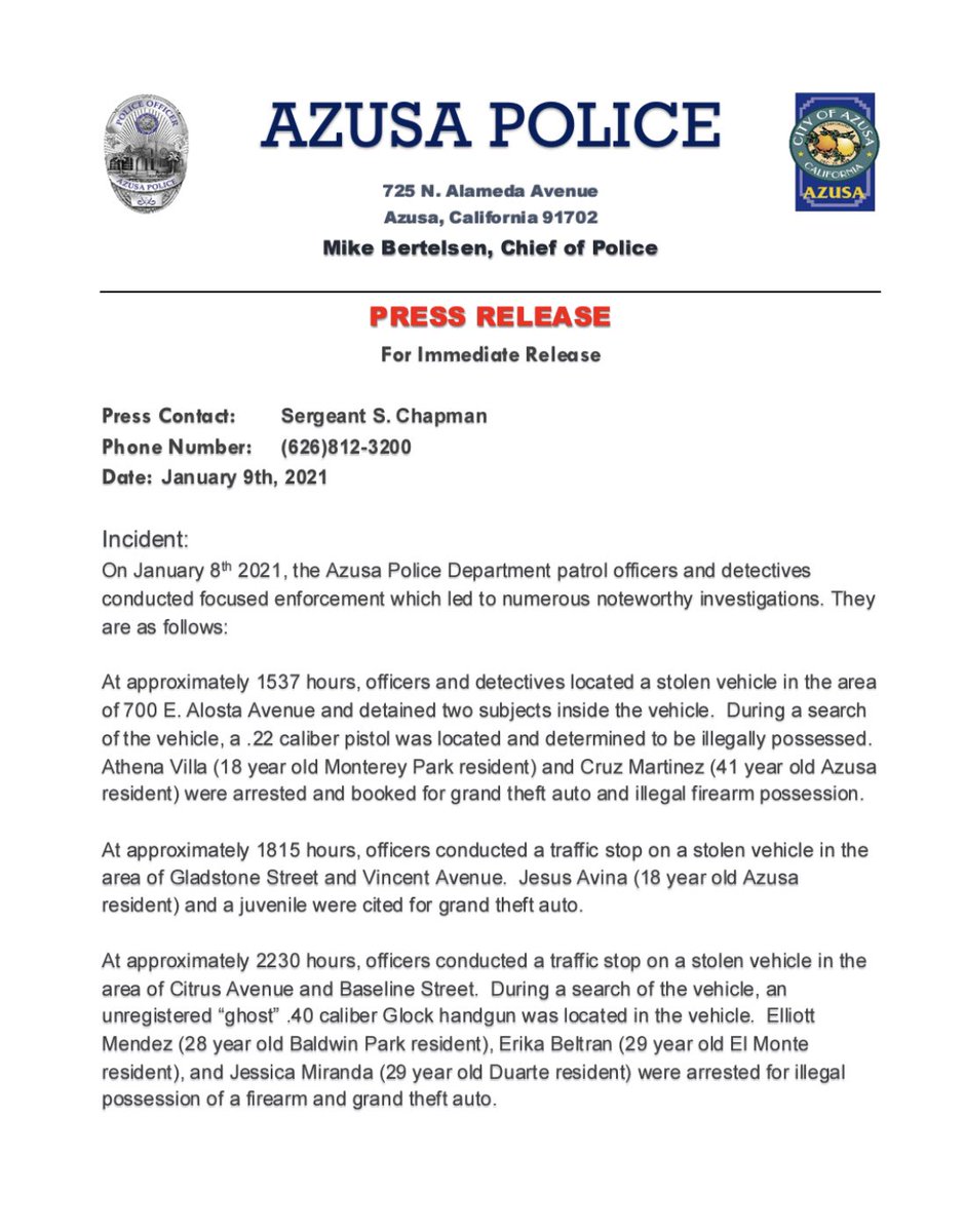 AzusaPD's tweet photo. News Release: Azusa PD officers &amp; Detectives make multiple arrests, recover 3 stolen vehicles, &amp; get 5 illegal firearms &amp; drugs off the streets of Azusa in a focused enforcement last night. #azusapd https://t.co/rZmDzY1Cd8