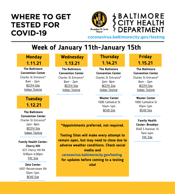 BMore_Healthy's tweet photo. Hey Baltimore! Check out next week's COVID-19 Community Testing Schedule! All of these locations are 100% free, and do not require a doctor's referral or even an appointment! More information and testing sites can be found at our website, https://t.co/PAOPBBVgG4. https://t.co/qwuBbHsscf