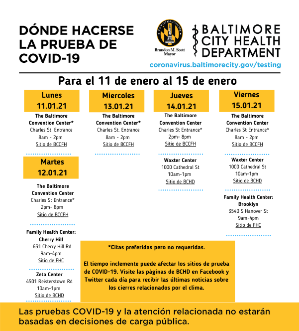 BMore_Healthy's tweet photo. Hey Baltimore! Check out next week's COVID-19 Community Testing Schedule! All of these locations are 100% free, and do not require a doctor's referral or even an appointment! More information and testing sites can be found at our website, https://t.co/PAOPBBVgG4. https://t.co/qwuBbHsscf