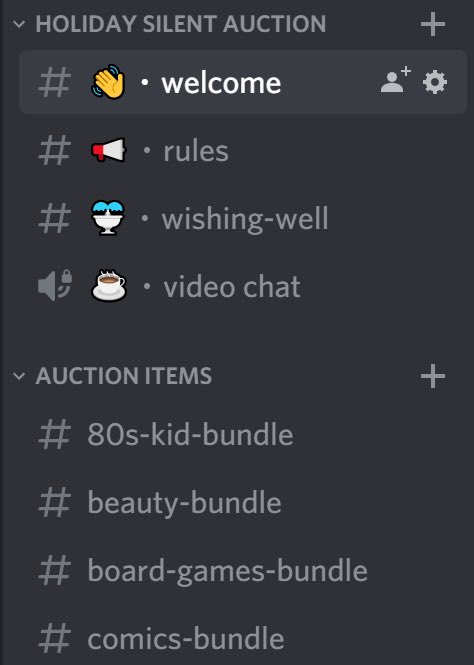 Screenshot of Discord channel listing in a virtual silent auction