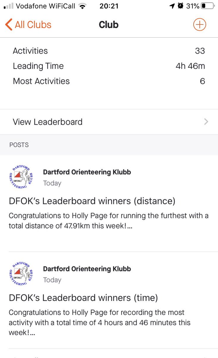 DartfordOK's tweet photo. One of our younger members Luke Bennett set up our DFOK STRAVA club https://t.co/FVxTONYxM5
a weekly challenge to top the leaderboard. Make your lockdown count, when exercise is all you can do.  

Well done to Holly Page who won both competitions for both number of minutes &amp; km. https://t.co/8niquzmbKh