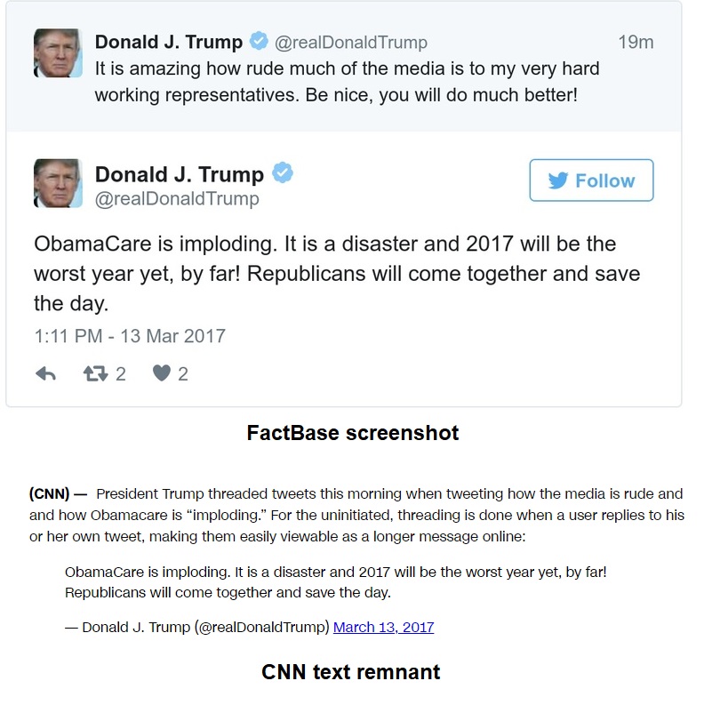 Since Trump only learned to thread tweets in March 2017, most earlier multi-part tweet remnants should be in plain text on your pages. Sadly, CNN's piece on Trump's 1st threaded tweet now only includes the second part's text.  https://www.cnn.com/2017/03/13/politics/cover-line-snippets-3-13/index.html
