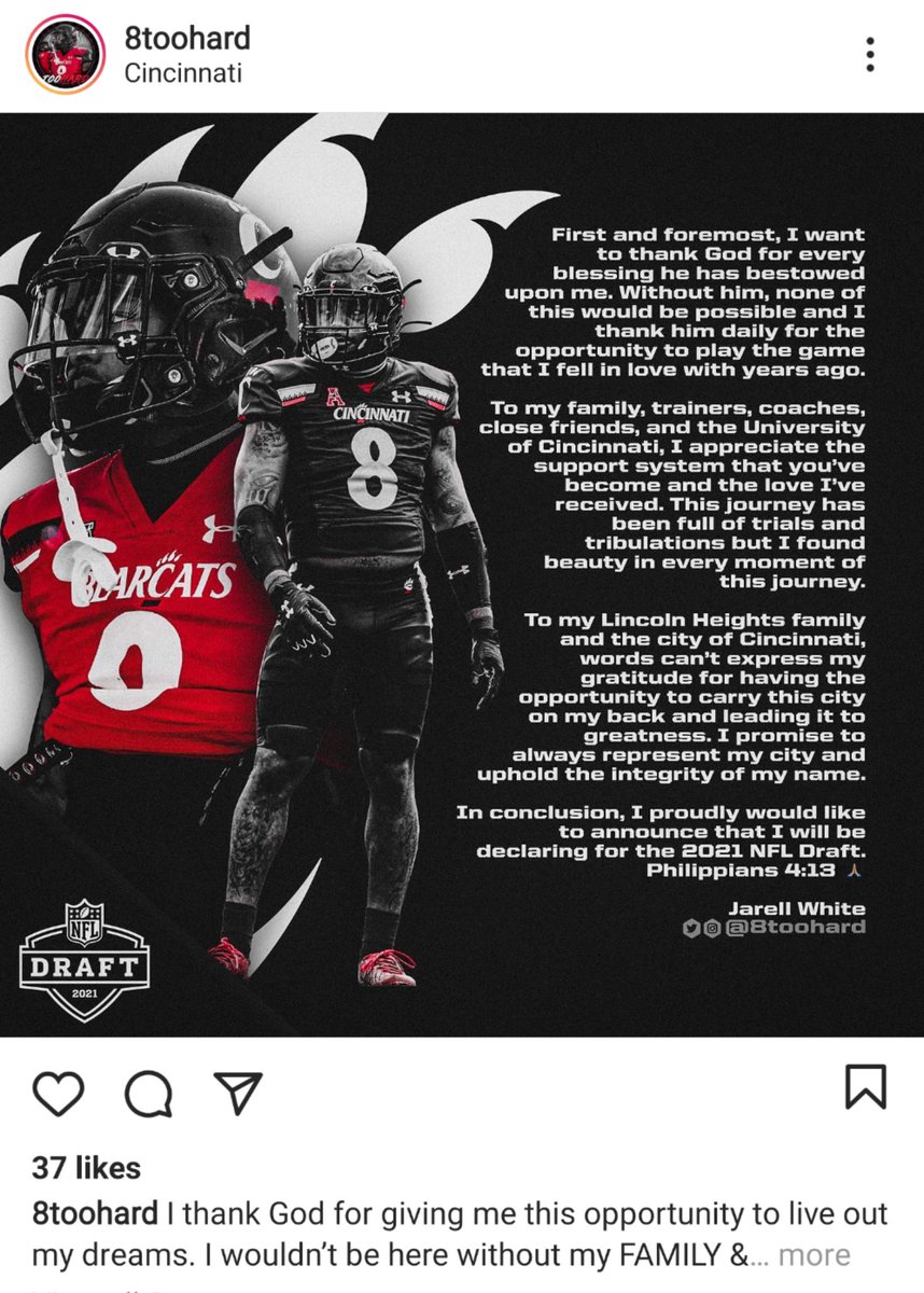 Senior LB Jarell White is off to the NFL draft. The first #HometownHero has played his final snap with the #Bearcats