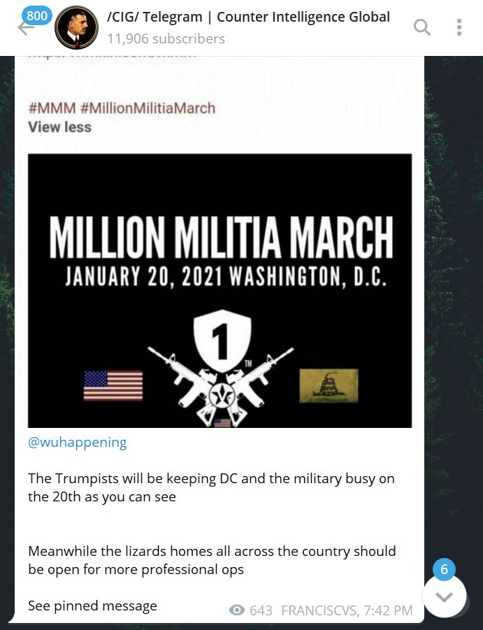 In the wake of the attempted fascistic coup on Jan 6th, Far Right groups are now planning a "Million Militia March for Jan 20th, inauguration day. Right-wing telegrams ran a poll yesterday. "Do you want total war?" When I took these screencaps last night, 80% answered yes.