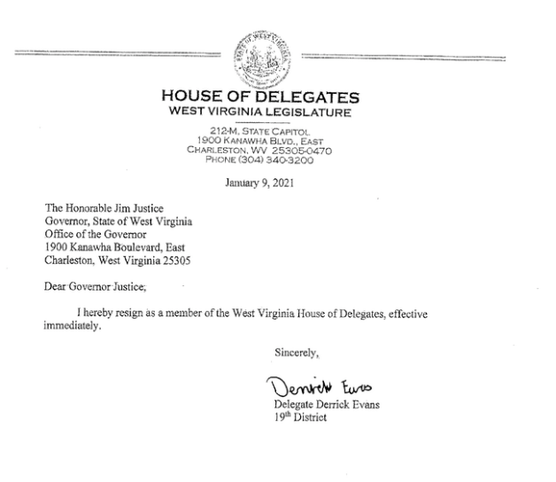 ARRESTED: “I hereby resign as a member of the House of Delegates, effective immediately,” Derrick Evans said in a one-page letter submitted to Gov. Jim Justice and the House. 3/4