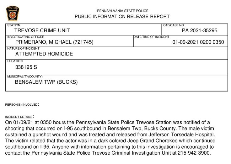 Update: <a href="/PAStatePolice/">PA State Police</a> now say person in dark colored Jeep Grand Cherokee on 95 South in Bensalem fired gun at another car&amp;shot driver,35, through door in his stomach past 3am.  Troopers learned at 3:50am from Jefferson Torresdale staff where man drove self for help <a href="/FOX29philly/">FOX 29</a>