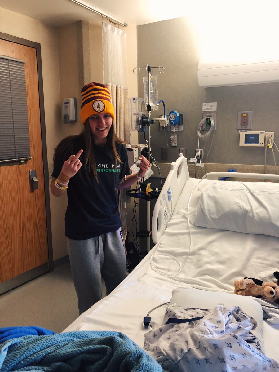 GabCromwell's tweet photo. We’re out of here: 2 1/2 years, 10 surgeries &amp; God knows how many hours of PT this girl has put in but we hope she never has to be in an OR again. We’re so thankful for all the prayers. Still a long journey ahead but nothing she can’t overcome!❤️ (she’ll get her phone back soon) https://t.co/dm6eBHKHSn