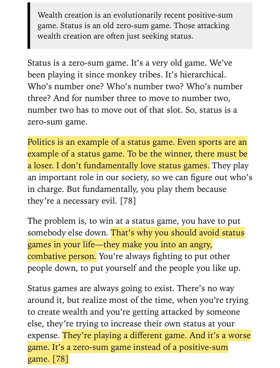 “Politics is an example of a status game. Even sports are an example of a status game. To be the winner, there must be a loser. I don’t fundamentally love status game... you should avoid status games in your life-they make you into an angry, combative person.”