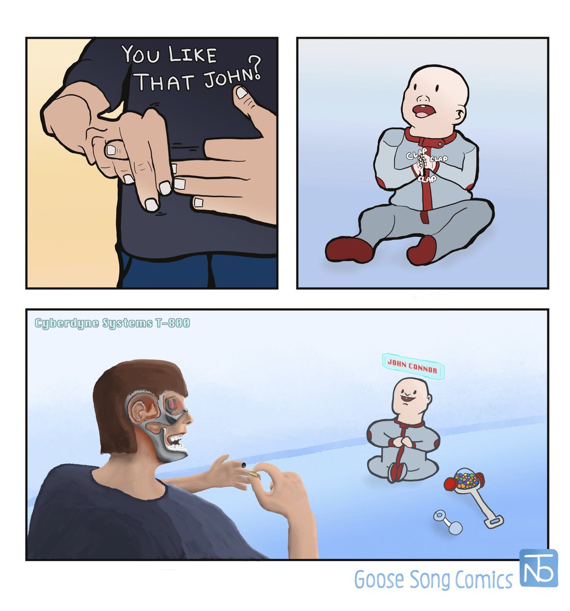 GooseSongComics's tweet photo. My dad wasn’t a robot sent from the future to kill me. He was a robot sent from the future to tell me my comics don’t get any better #comics #webcomics https://t.co/8axJTYm4C3
