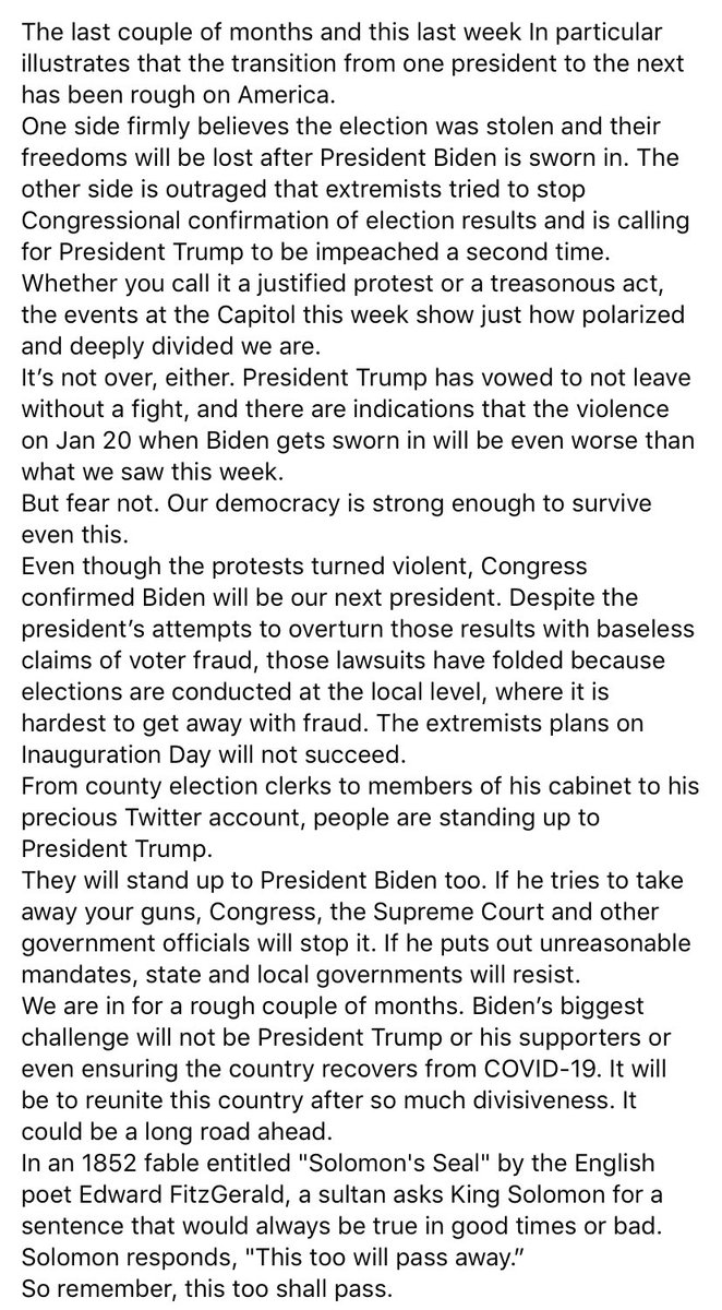 The last couple of months and this last week In particular illustrates that the transition from one president to the next has been rough on America. Read more in image below.