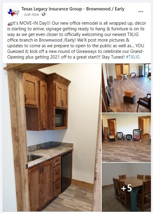 TexasLegacyIns's tweet photo. It's MOVE-IN Day! Our new office remodel is all wrapped up, décor is starting to arrive, signage getting ready to hang &amp; furniture is on its way as we get even closer to officially welcoming our newest TXLIG office branch in Brownwood /Early! Stay Tuned 4 GIVE-AWAYS! #TXLIG https://t.co/hg7pV9TDht