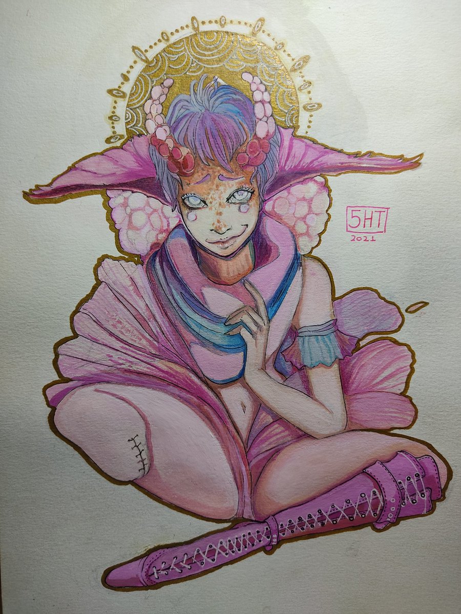 SerotoniNyan's tweet photo. Oranda Demon Finished. 

#art #traditionalart #demon #halo #orandagoldfish #flowert #pastelcolor https://t.co/SAd3HOGddM