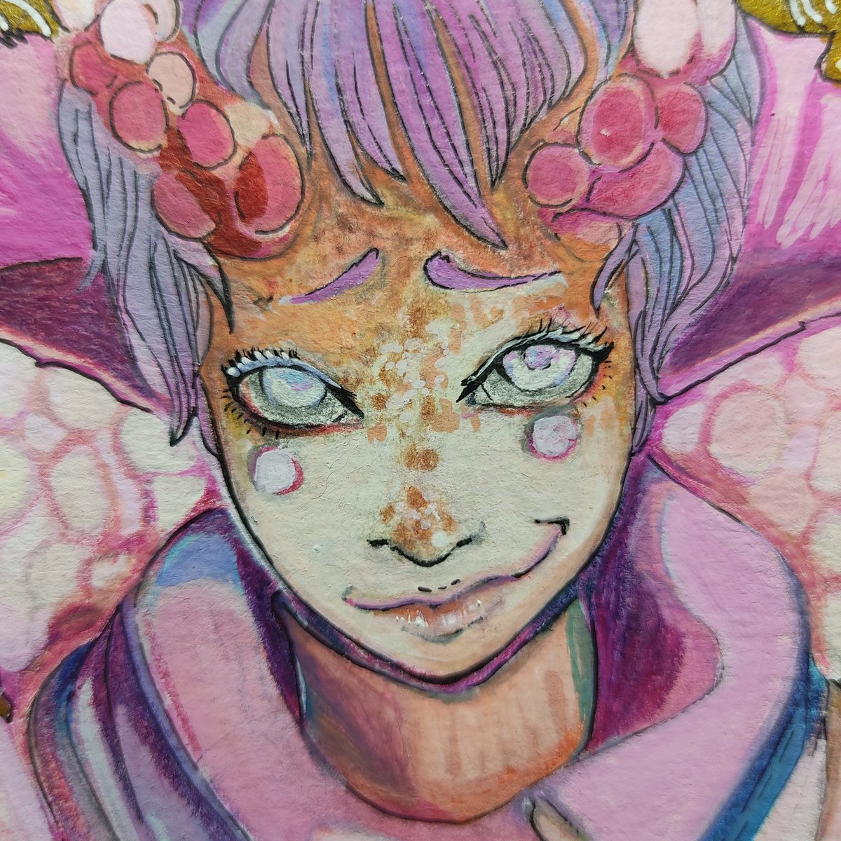 SerotoniNyan's tweet photo. Oranda Demon Finished. 

#art #traditionalart #demon #halo #orandagoldfish #flowert #pastelcolor https://t.co/SAd3HOGddM
