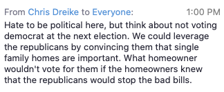 One commenter recommends not voting for Democrats anymore and instead working with Republicans
