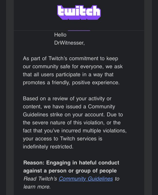 Dexerto's tweet image. Twitch have permanently banned Christian missionary streamer @DrWitnesser for "engaging in hateful conduct against a person or group of people."