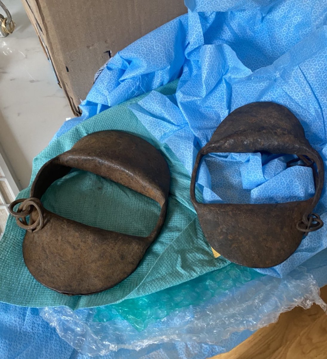 These are a pair of child shackles that just arrived last week for my personal collection. Holding them in my hands for the first time made me cry. American chattel slavery is not for Twitter jokes, even to own Trumpists. Please.