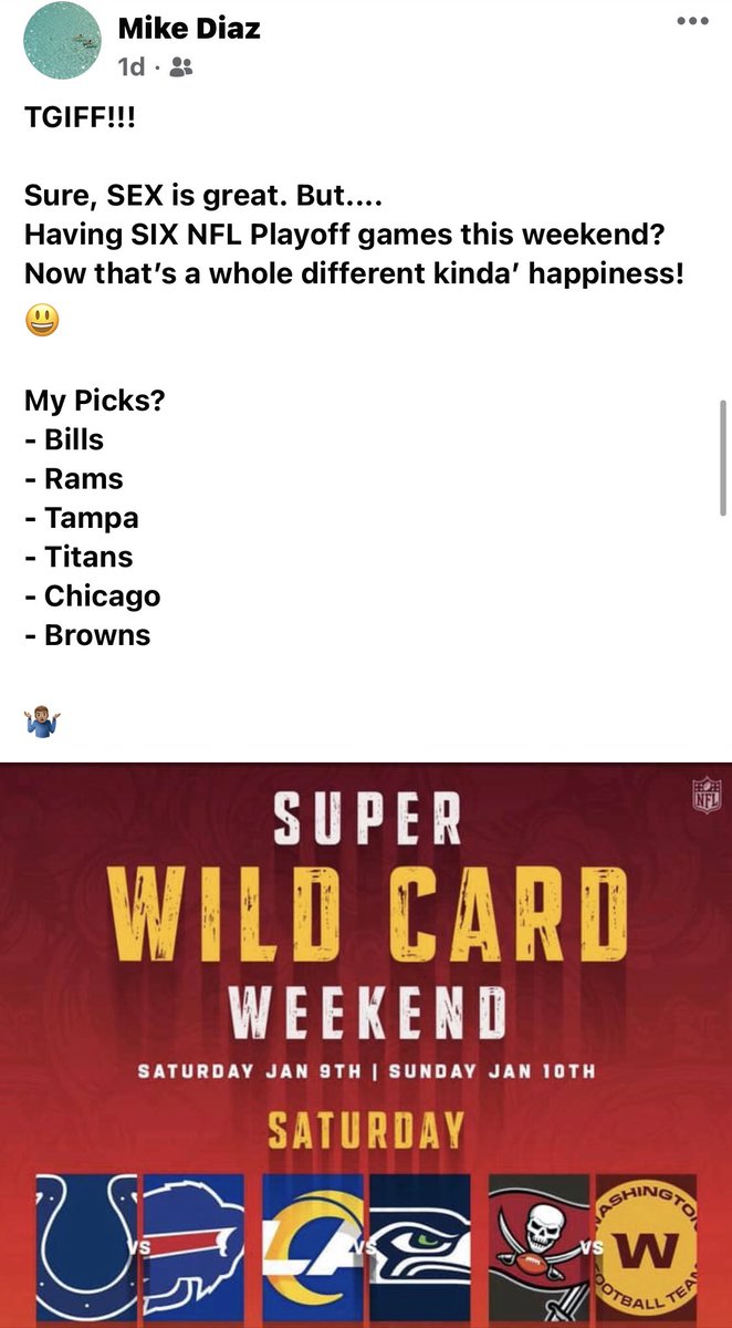 What a game! #GoBills 🏈 
I am 1 and 0 so far. Five games to go this weekend! #NFL #NFLPlayoffs #NFLPlayoffs2021 #BillsVsColts