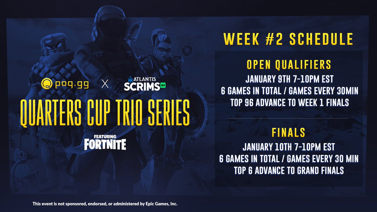ATLScrims_NA's tweet photo. Week 2 of our $3,000 Trios tournament with @POQesports is tonight at 7pm EST! Make sure your team registers online to participate, we'll see you in just a few hours! 
https://t.co/LIqpxO9rbm https://t.co/MP910y3xVd