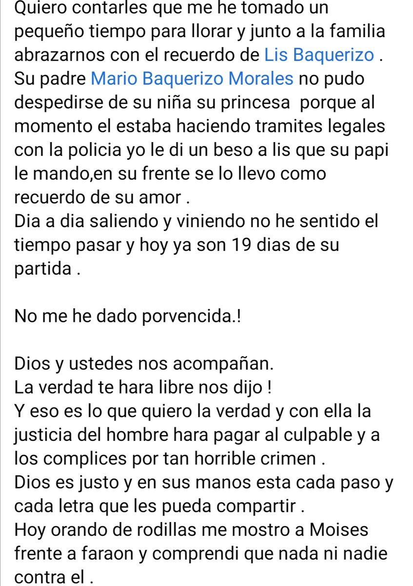 LisbethBaqueri1's tweet photo. NO busco venganza. 
JUSTICIA es mi anhelo. 
Hoy han pasado 19 días de la partida de Lis y solo pido #justiciaparalisbethbaquerizo , que no queden libres los involucrados y el princal  #SospechosoLuisJavierHermidaNuñezFemicidio en el asesinato de Lis @DianaSalazarM2 #ECUADOR https://t.co/GWWsta2cGd