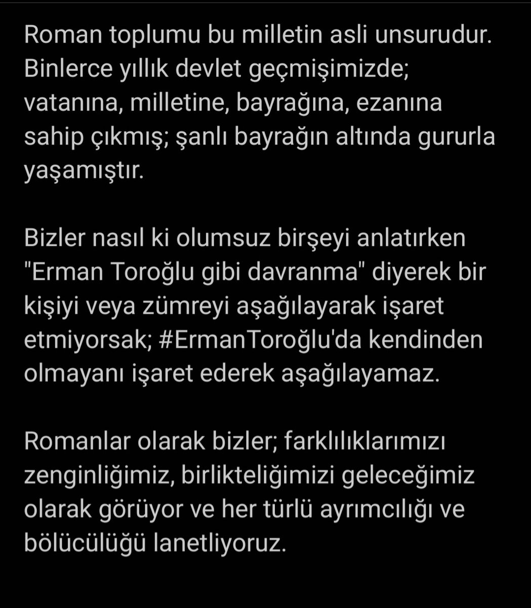 Roman toplumu bu milletin asli unsurudur. 

Binlerce yıllık devlet geçmişimizde; vatanına, milletine, bayrağına, ezanına sahip çıkmış; şanlı bayrağın altında gururla yaşamıştır. 

<a href="/RTErdogan/">Recep Tayyip Erdoğan</a>

#IrkçılıkYapmaToroğlu